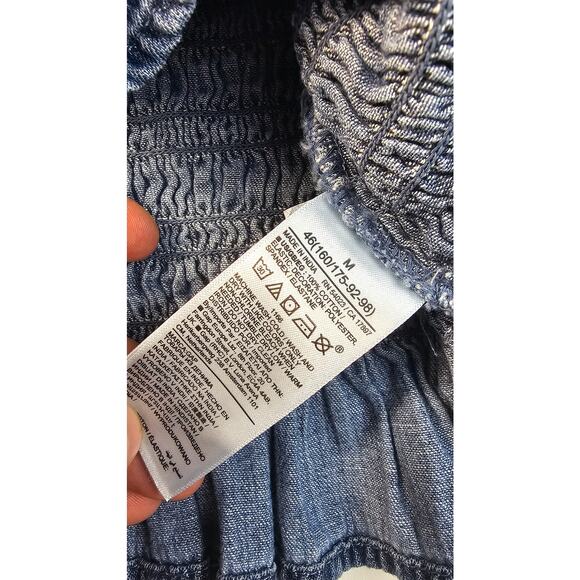 Gap sz M Smocked bust puff sleeve frill denim chambray crop top peplum stretch - Picture 6 of 8